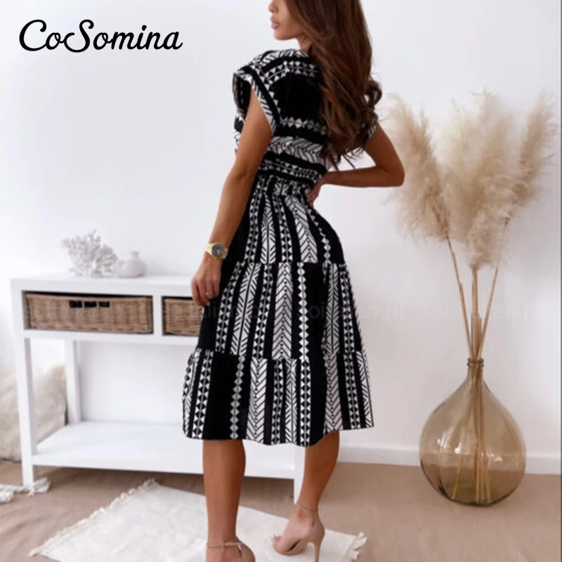 

CoSomina Bohemian Print A-line Summer Dress Women High Waist Sashes Female Midi Dress Ladies Sleeveless Party Dress Vestidos