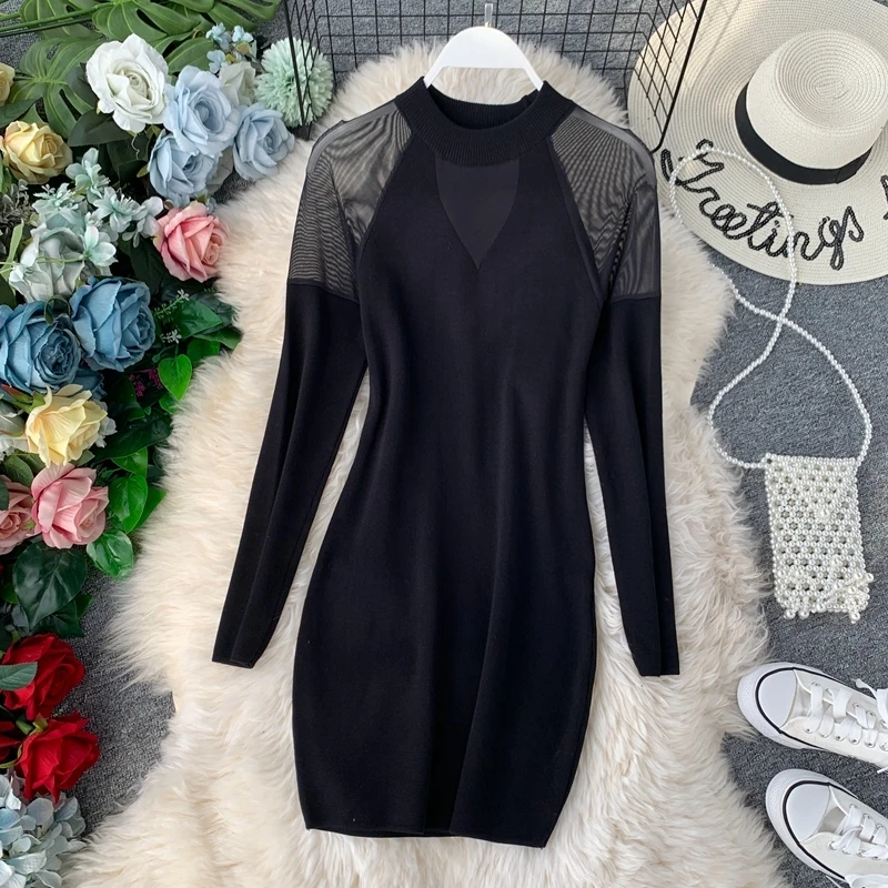 Long Sleeve Women Dress 2020 Autumn Mesh Patchwork Knitted Boho Beach Dresses Female Casual Black Mini Party Vestido | Женская одежда