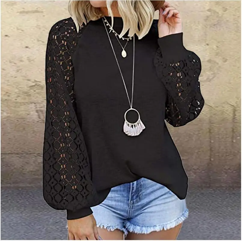 

T shirt Elegant Lace Long Sleeve Shirt Women Vintage Hollow Out O Neck Solid Tops Autumn Female Casual Tees Top T-Shirt