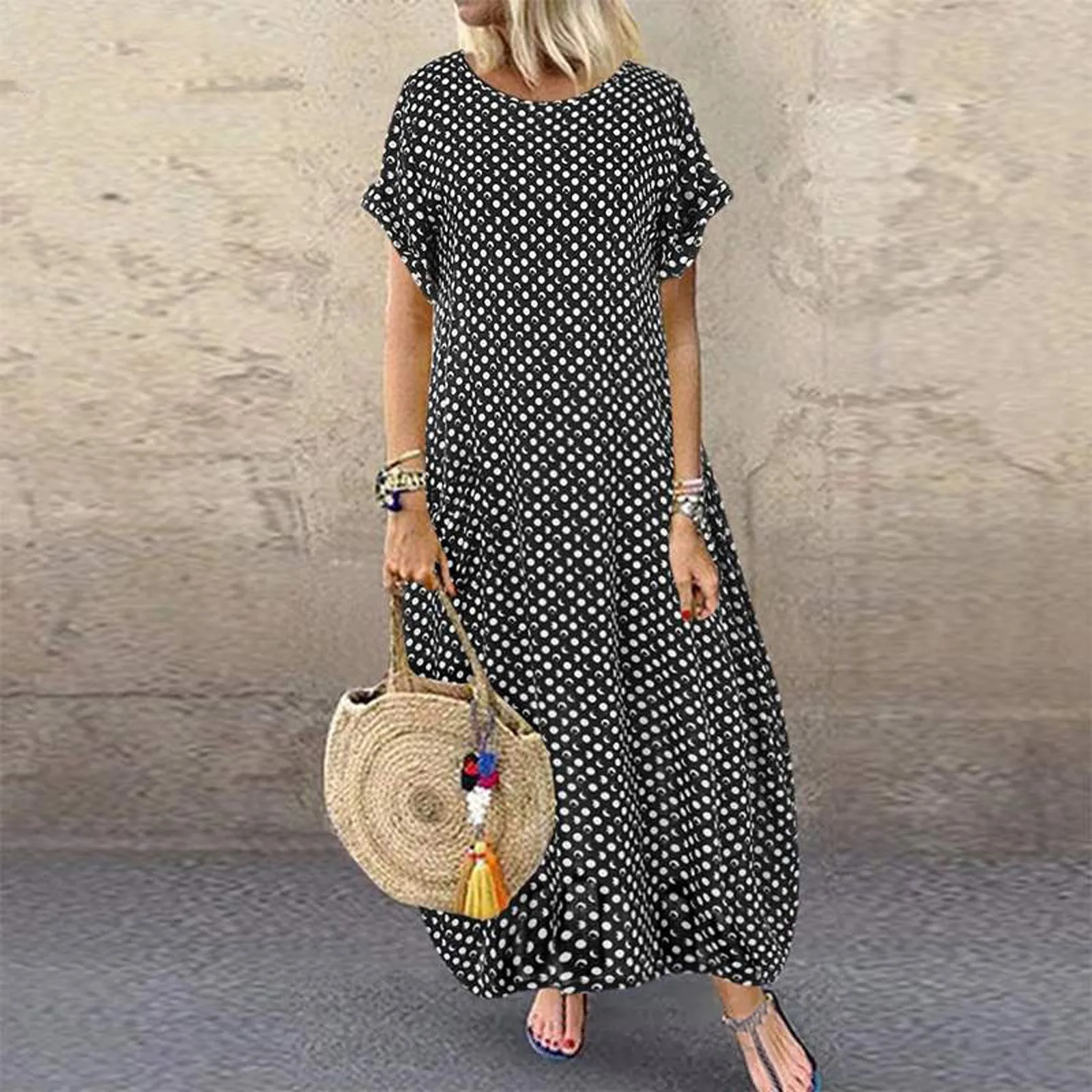 

2021 Summer Vintage Floral Print A-Line Dresses Women Casual Polka Dot Print Short Sleeve Round Neck Maxi Dress Female Vestidos