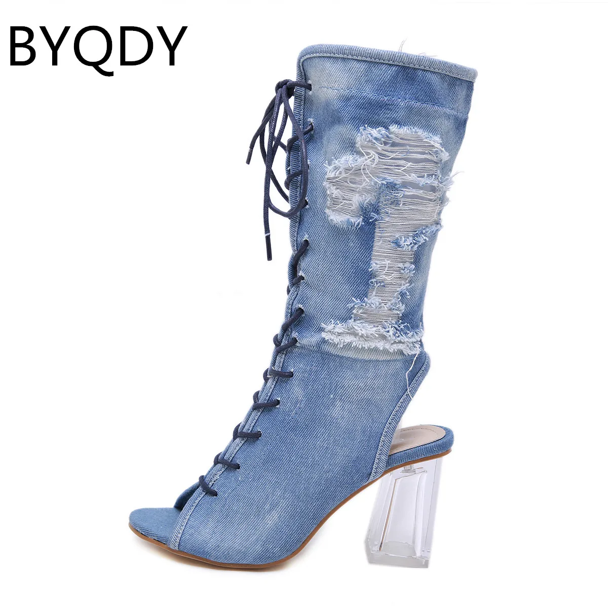 BYQDY/Новинка Женские джинсовые сапоги до середины икры на шнуровке с открытым