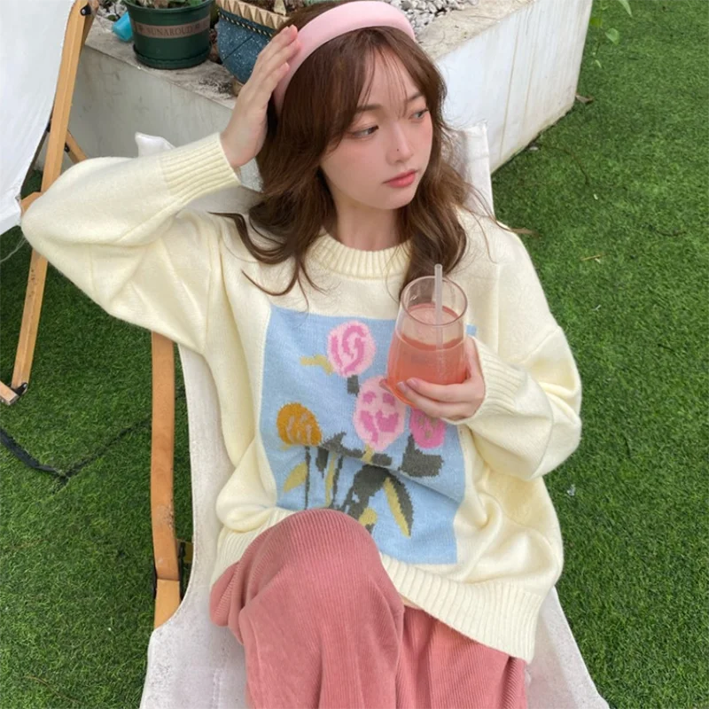 

Sweet Flowers Print Women Sweater Oversized Lady Knitted Basic Pullovers Long sleeve O Neck Loose Soft Female Knitwear Jumper