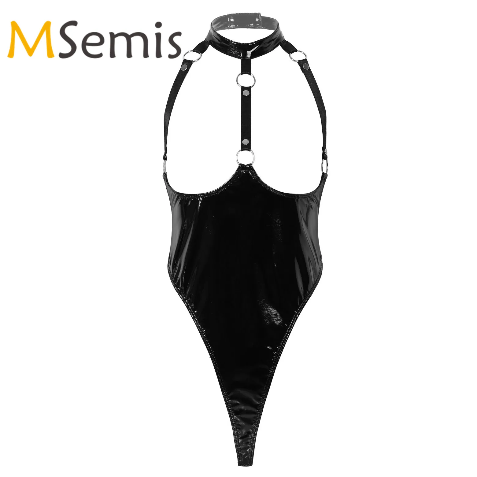 Женское боди купальник с высоким вырезом женское белье из лакированной кожи