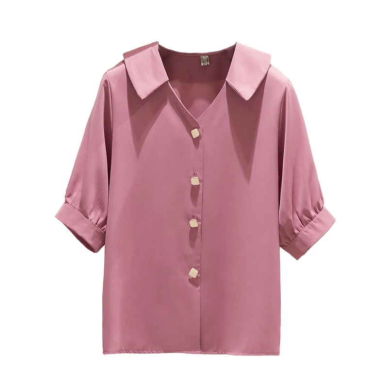 

Nkandby Plus Size Chiffon Shirts Women 2021 Summer Fashion V-neck Short Sleeve Blouse Solid Color Korean Style Tops Feminine