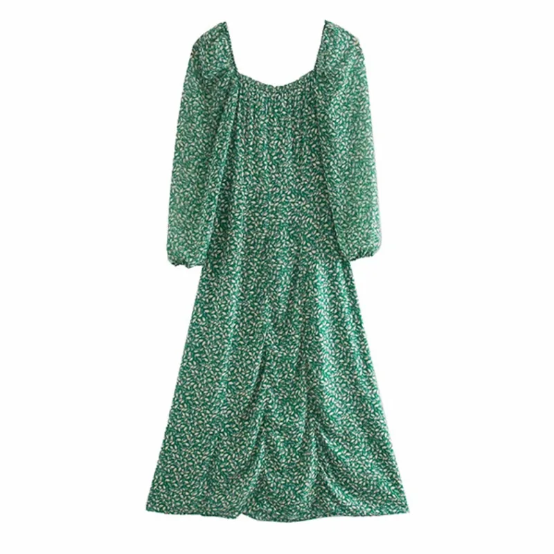 

Summer Dress For Women 2021 High Street Vintage Print Green Square Collar Party Midi Sexy Dresses Beach Vestidos Robes Femme