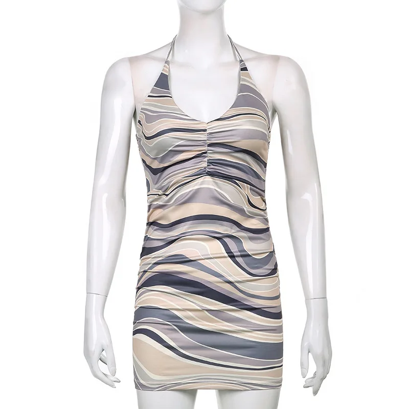 

Spaghetti Strappy Bodycon Dress Women Stripe V-Neck Sexy Dresses Summer 2021 Ladies Club Outfits Party Beachwear Pleated Clothes
