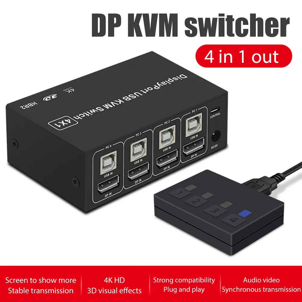 4 Ports DP KVM Switch 4K 60Hz 4 In 1 Out USB Displayport Switch Box PC Share Monitor Mouse Keyboard Printer Switcher