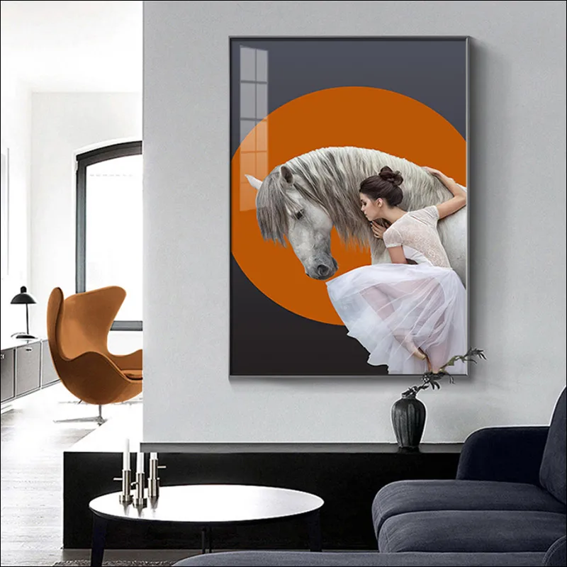 

Figure painting canvas painting waterproof poster modern decorative wall large print orange round beauty and horse gift