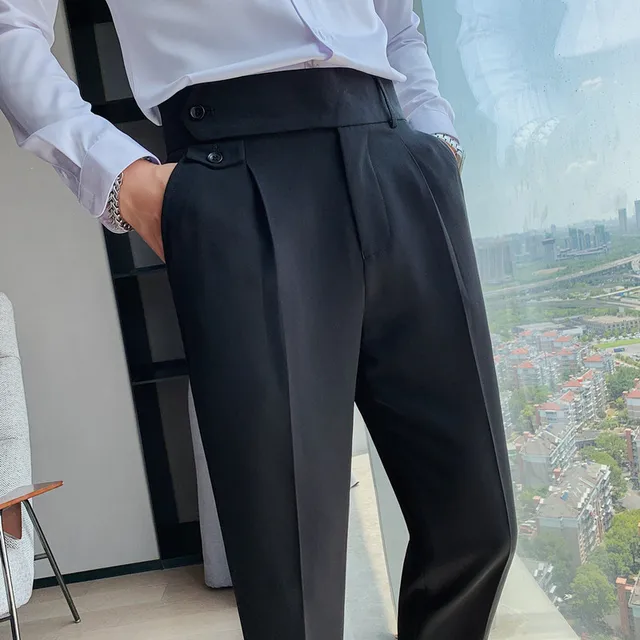 Брюки мужские классические в британском стиле, модные элегантные деловыеофициальные штаны с высокой талией, 2023