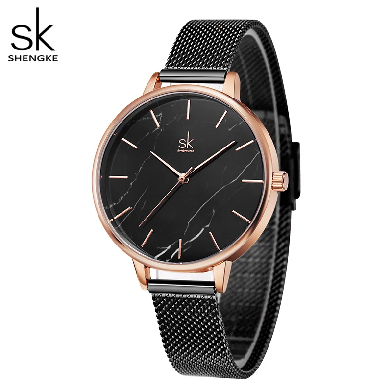 Shengke Women Fashion Design Watch Black Stainless Steel Band Watch Marble Surface Reloj Mujer New Original Brand Watch for Girl enlarge