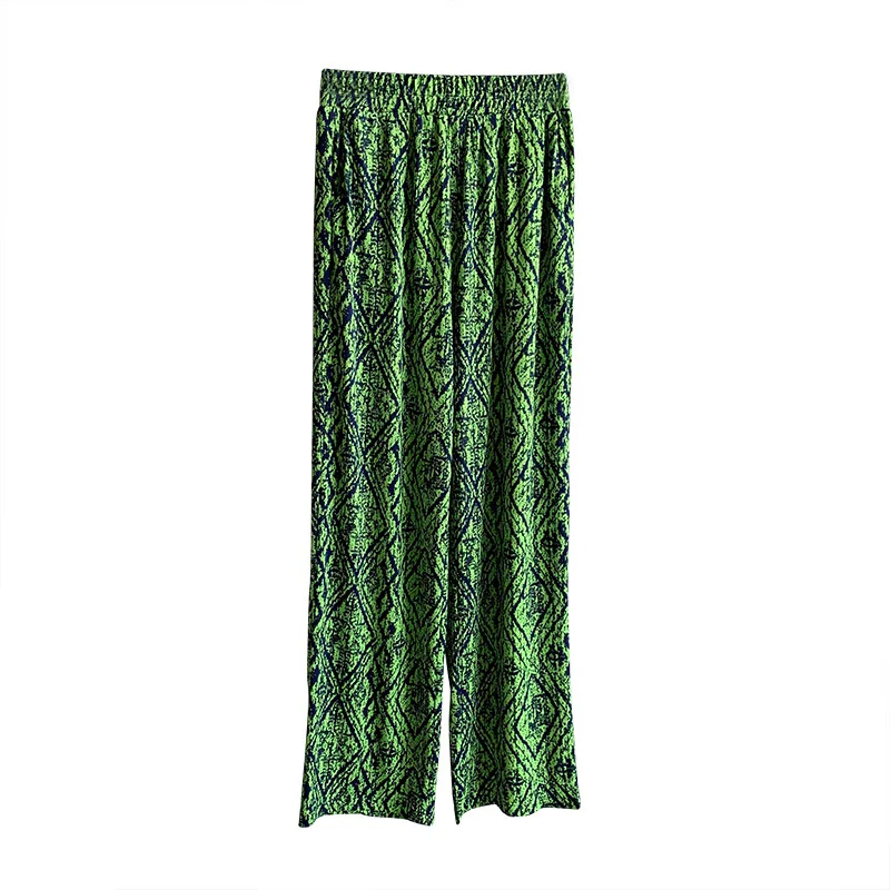 

Green Print Women Wide Leg Long Pants Women High Waist Summer Casual Pant