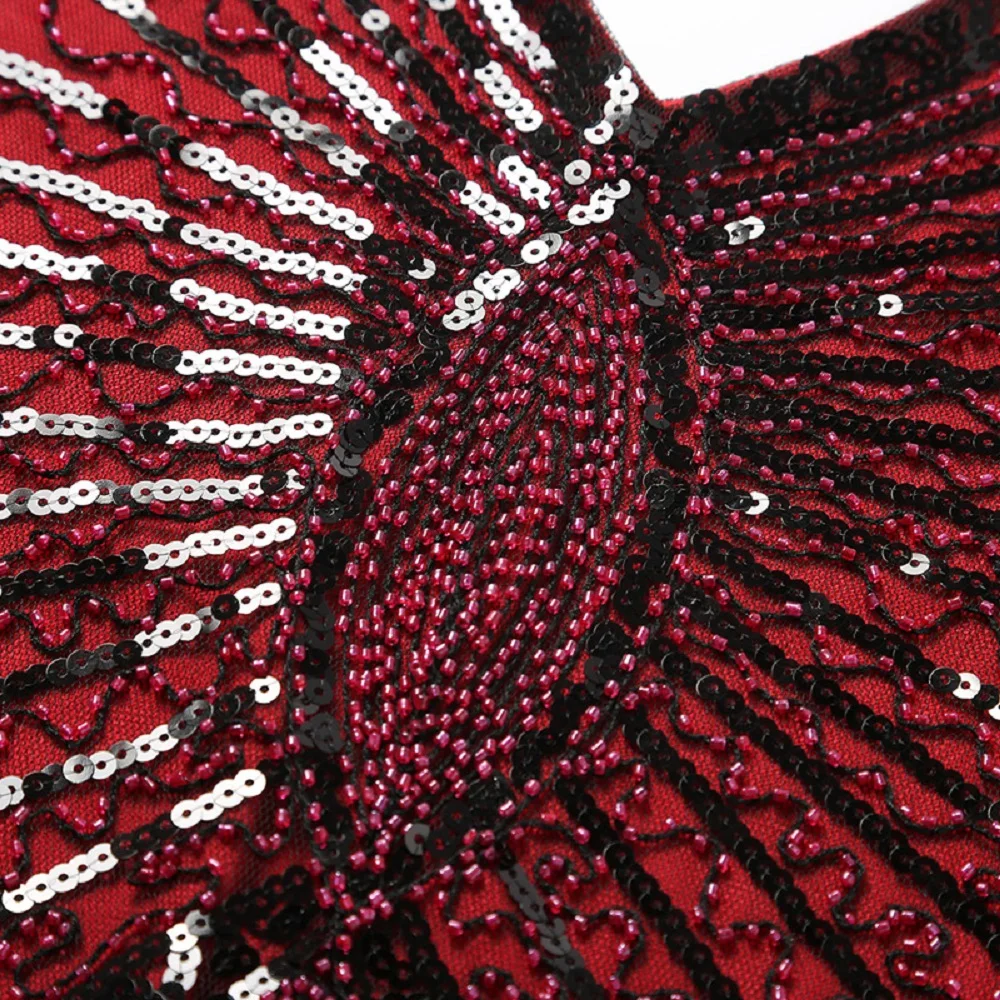 

Firstsong Women Heavy craft tassel Mesh lace Sexy Sequins dress2020New summer V-neck irregular Elegant retro Party Women's dress