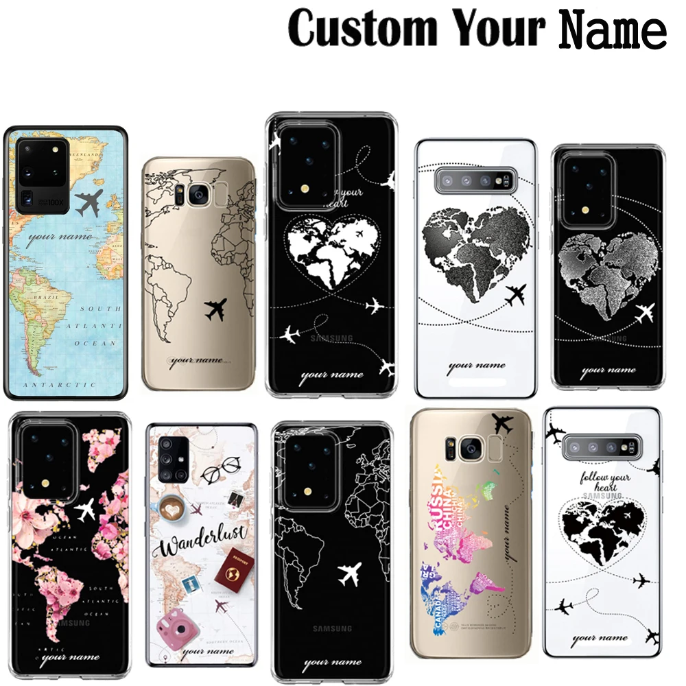 

Custom Name World Map Travel Soft TPU Phone Cases For Samsung Galaxy S21 S20 S6 S7 S8 S9 S10 S10E Lite Plus Ultra FE Cover Coque