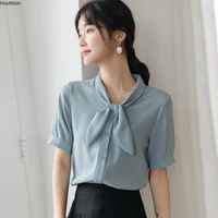 womens blouses bow shirts fashion top chiffon casual shirt short sleeve plus size button lady tops summer blouse houthion
