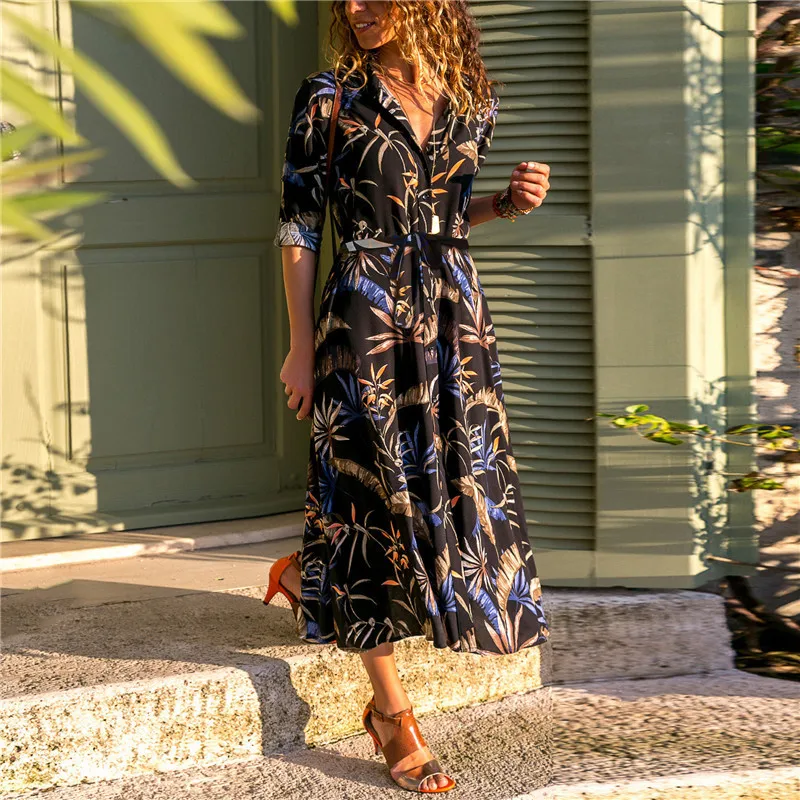 

Spring Summer Ladies 2021 New Women Polo Neck Single Breasted Long Sleeve Chiffon Print Lace Up Medium Length Dress Female