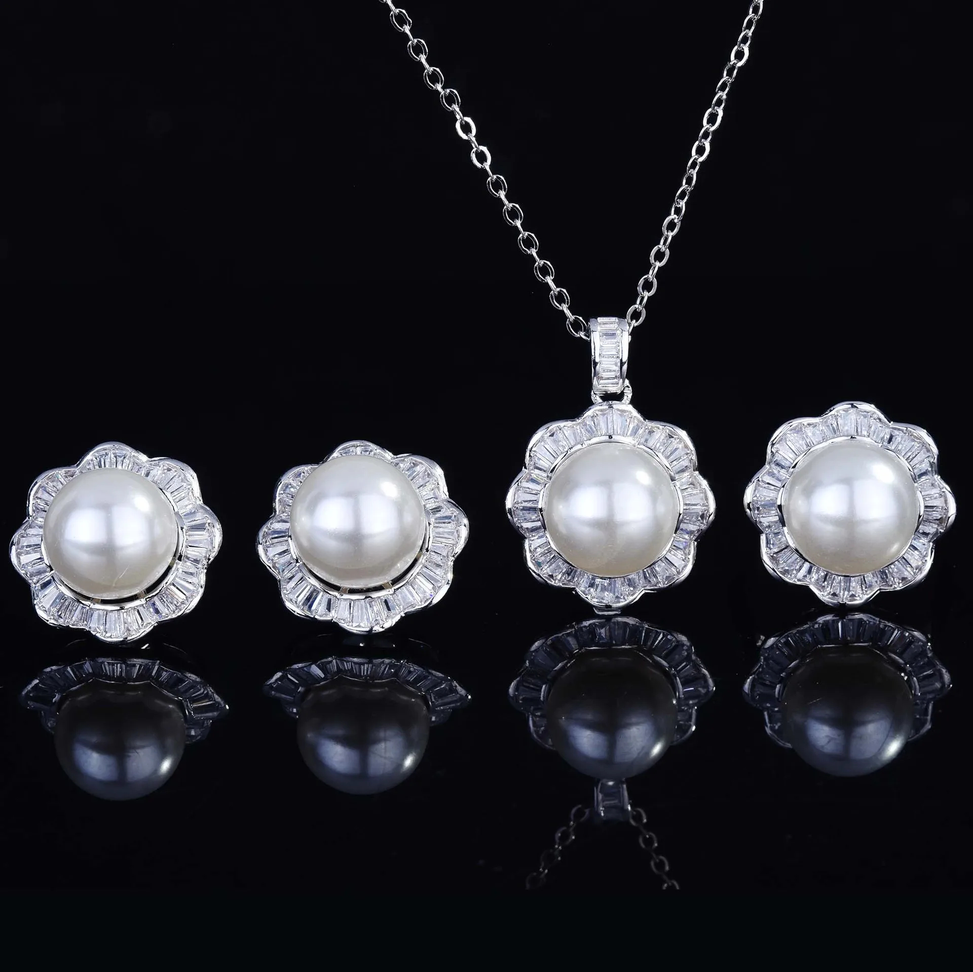 

Original Design 925 Silver Shiny CZ Crystal Round Pearl Pendant Necklaces Earrings Ring For Women Fine Wedding Jewelry Set Gifts