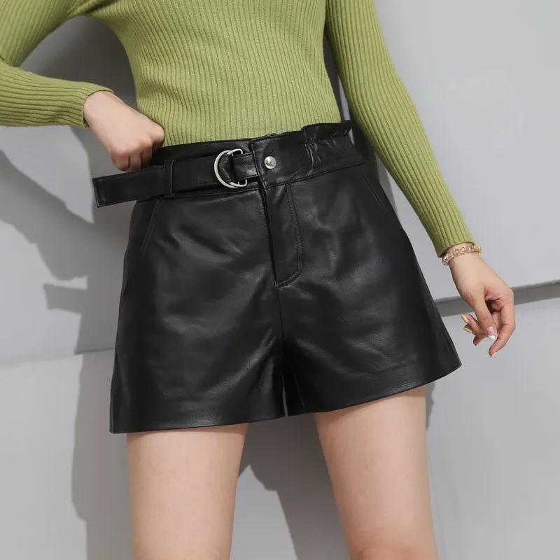 

Fashion 100% Real Leather Shorts Women Winter High Waist Loose Sheepskin Shorts Street Sashes A-Line Wide Leg Shorts Plus Size