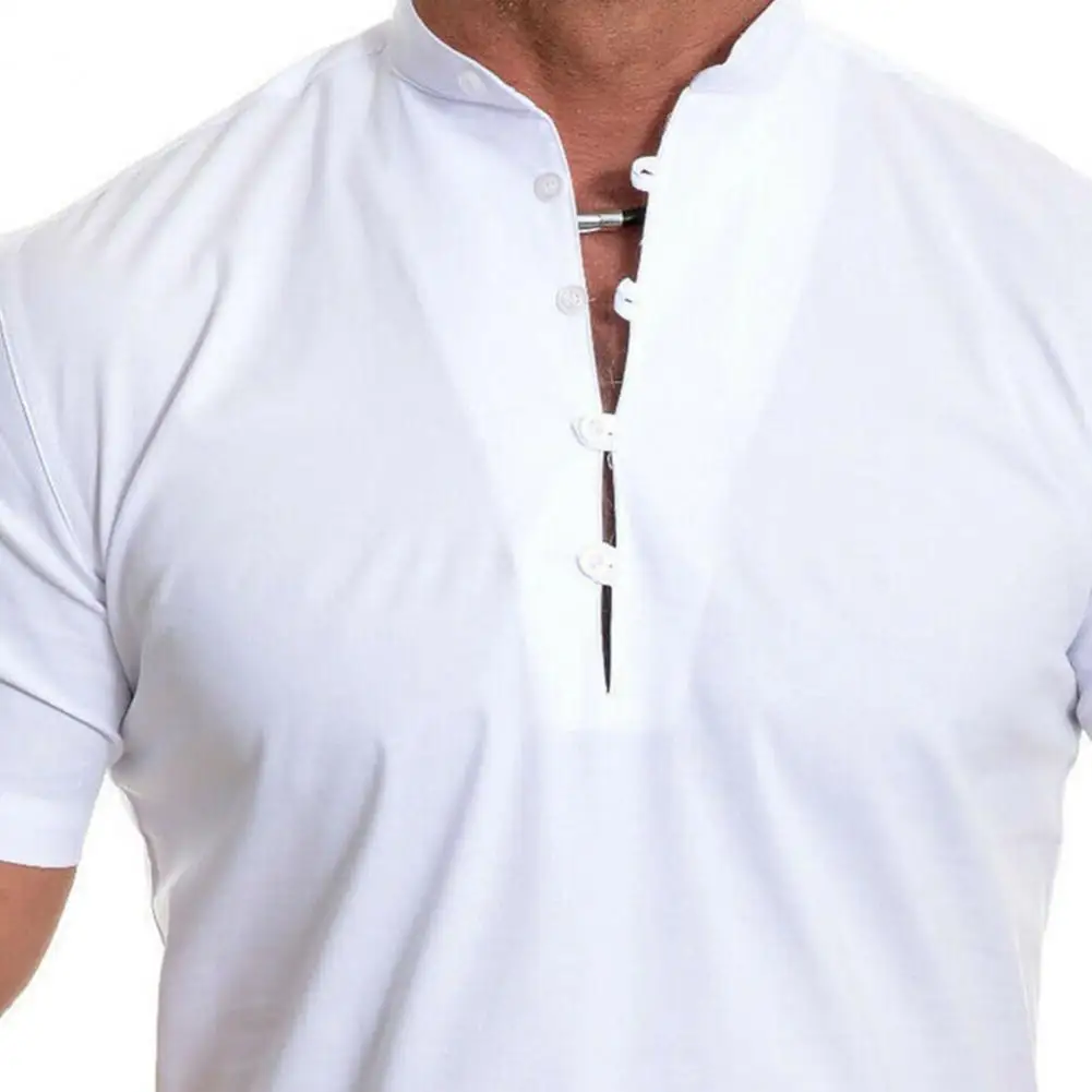 

70% Hot Sell Men Shirt Solid Color Slim Summer Short Sleeve Stand Collar Top for Dating