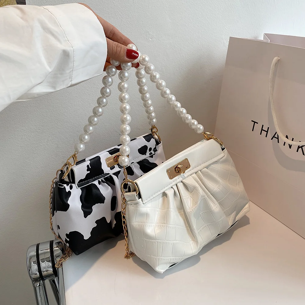 

Женская мини-сумка на плечо с жемчужной цепочкой, плиссированная сумочка кросс-боди из искусственной кожи для закрывания на замке, уличная ...