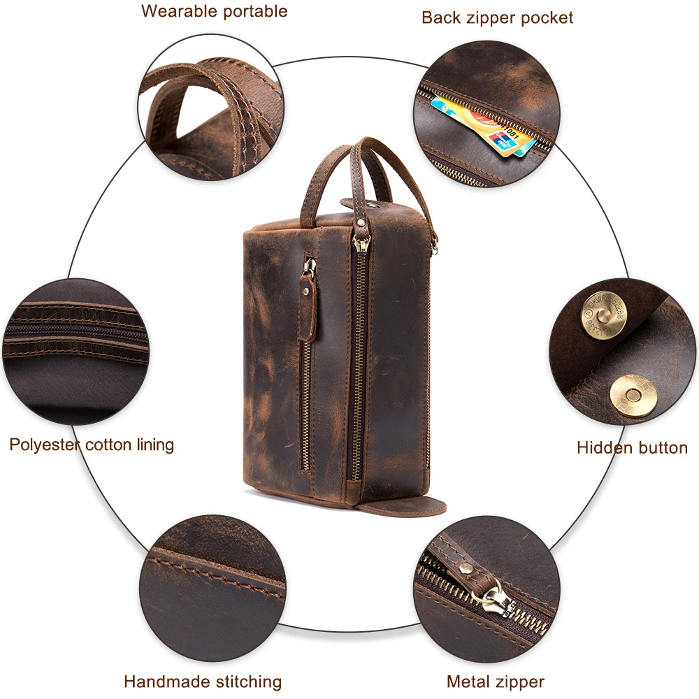

MVA Crazy Horse Leather Men Comestic Bag Vintage Mens Leather Wash Bags Travel Makeup Bag Pouch Double Zipper Man Toiletry Case