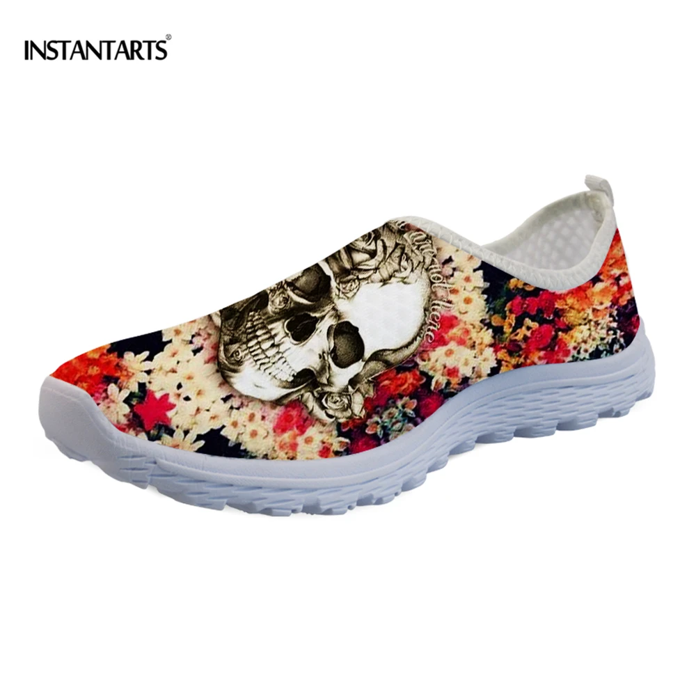 

INSTANTARTS Breathable Women Flats Gothic Sneakers Women Summer Mesh Shoes Sugar Skull Flowers Pattern Zapatillas mujer 2020