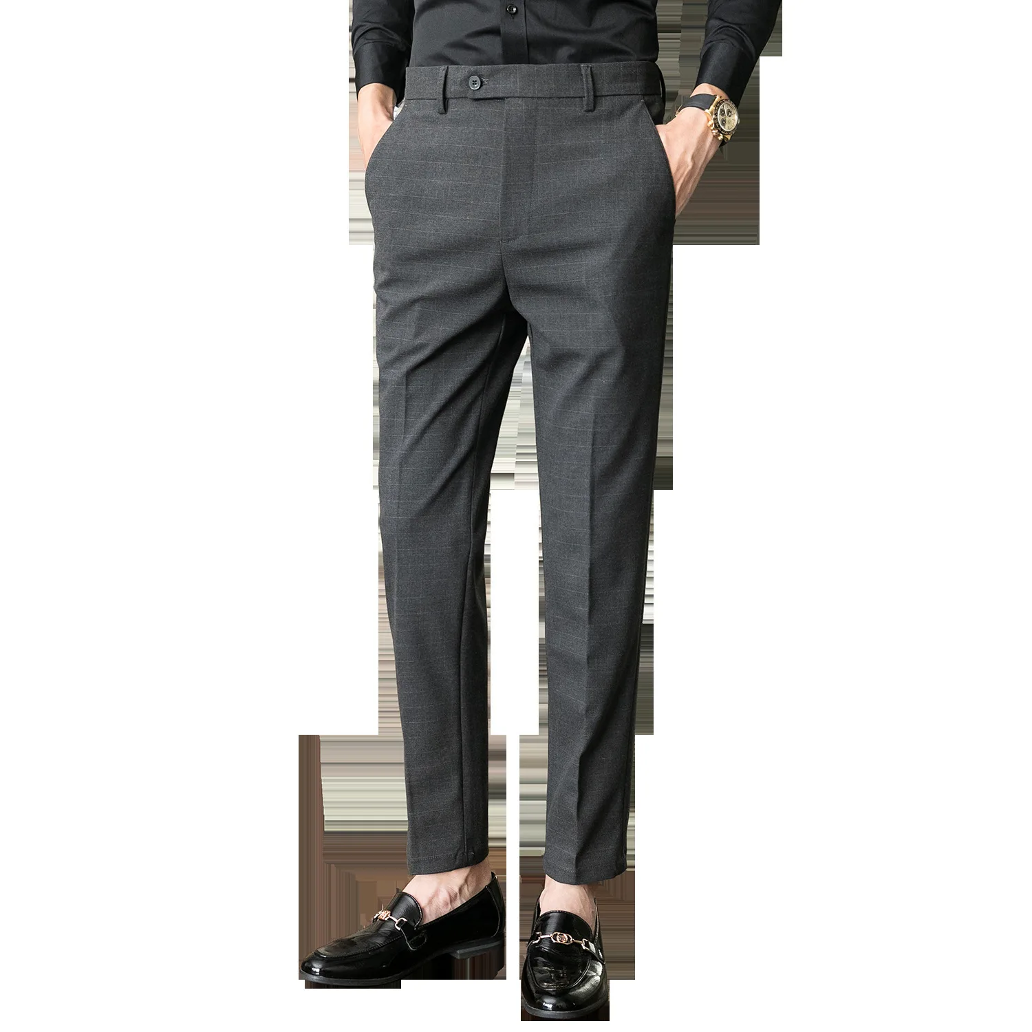 

Business Style Men's Pants Slim Fit Grid Breathable Spring Autumn Straight Tllbe Button Business Formal Male Trousers
