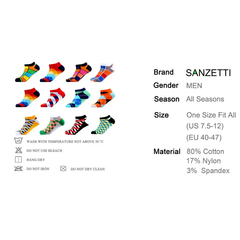 SANZETTI, 12 пар/партия, мужские повседневные носки, новинка, Яркие летние носки, короткие носки из чесаного хлопка, клетчатое платье, носки-башмачки