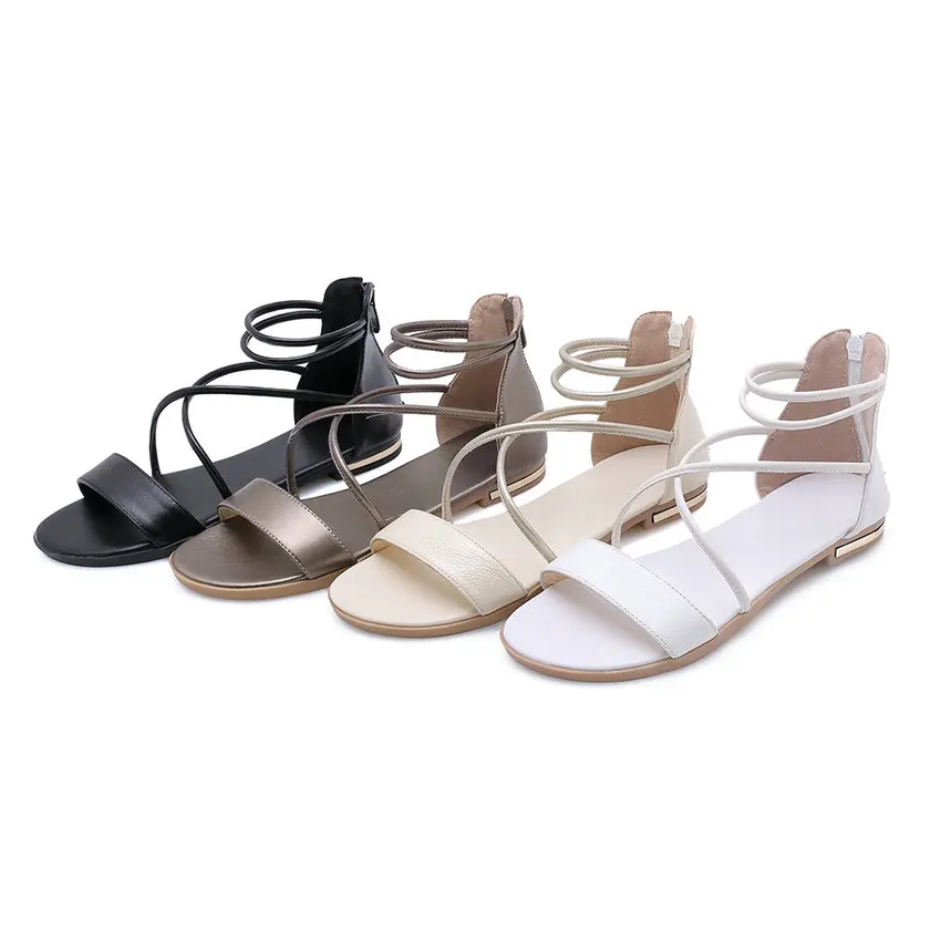 Женские босоножки на плоской подошве QUTAA цвета шампанского из бычьей и