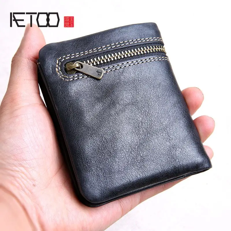 AETOO, мини-кошелек, мужской, ручная работа, кожа, ультра-тонкий, мягкий кожаный бумажник, первый слой, кожаный кошелек, короткий, на молнии, с пряжкой