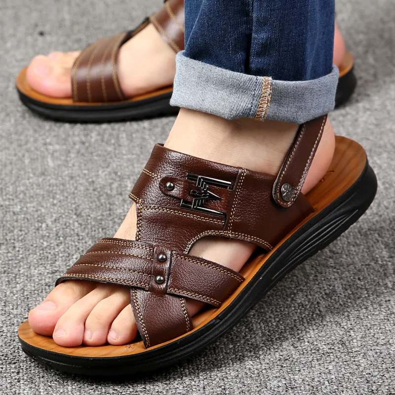 

2019 summer explosion models men's sandals leather casual non-slip beach shoes men's first layer leather slippers60