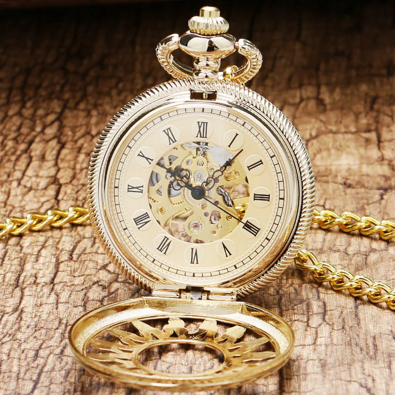 Luxury Yellow Golden Hollow Flower Sun Case Design Roman Number Dial Men Women Skeleton Manual Mechanical Pendant Pocket Watch