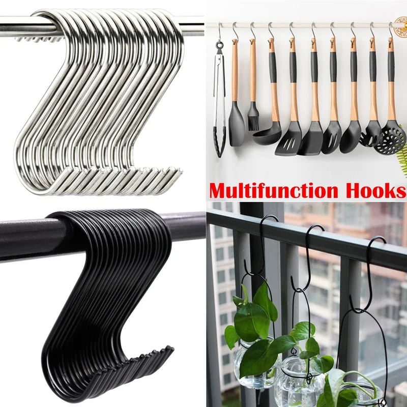 10pcs Stainless Steel S-Shape Hooks Kitchen Bedroom Black Silver Railing S Hanger Hook Clasp Holder Hooks Hanging Storage Tools