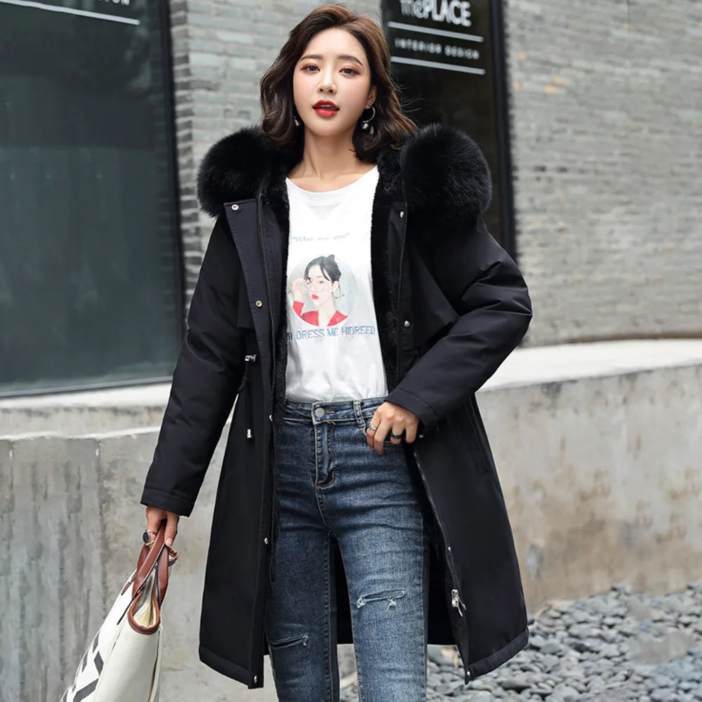 

Winter European And American New Women's Cotton Padded Clothes Medium Long Large Wool Collar Plush Cotton Padded Jacket