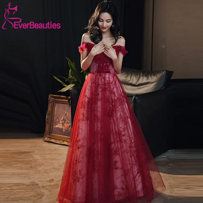 

Vestido De Festa Burgundy Prom Dresses Long 2020 Off The Shoulder Evening Gowns Tulle Appliques Party Dresses Robe De Soiree