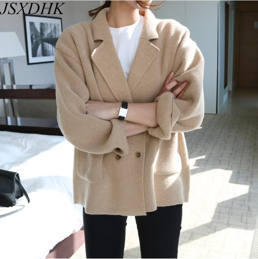 

Chic Korean Autumn Winter Double-Breasted Sweater Jacket Coat Women Knitted Turn Down Collar Pocket Loose Cardigans Outerwear