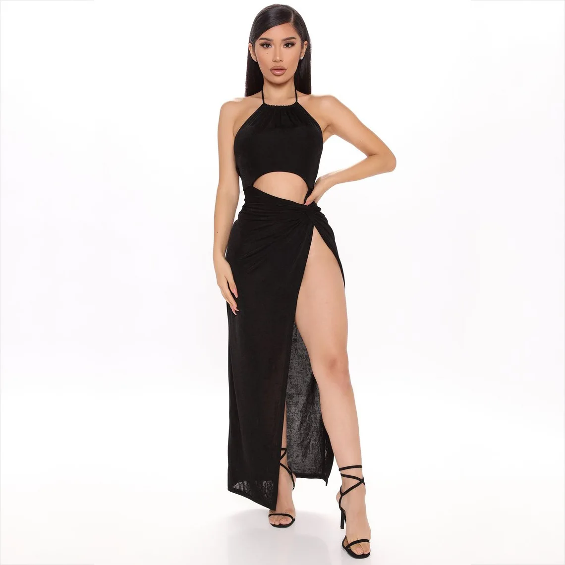 

TRODEAM Elegant Black Sleeveless High Split Party Dress Women Summer Hanging Neck Maxi Dresses Ladies Sexy Irregular Beach Dress