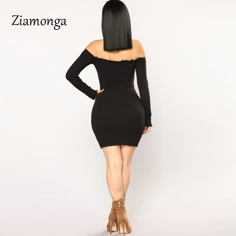 Ziamonga Sweater Dress Long Sleeve Bandage Strapless Off Shoulder Black White Knitted Autumn Winter Soft Sexy | Женская одежда