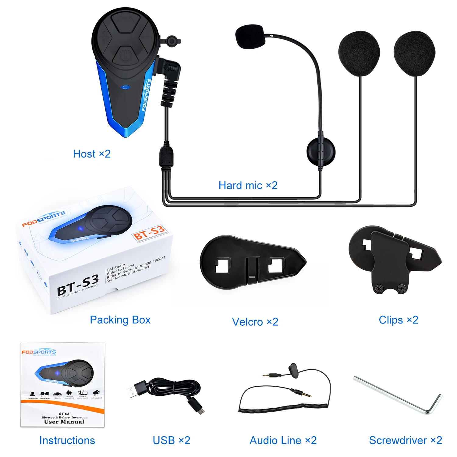 Fodsports 2 шт. BT S3 мотоциклетный шлем Интерком Мото Bluetooth гарнитура Intercomunicador
