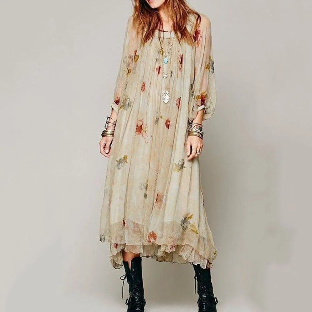 

Maxi Long Dresses Women Summer Autumn Long Sleeve Casual Loose Sexy Boho Dress Bohemian Floral Printed Beach Vestidos Long Robe