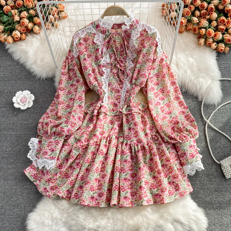 

Женское винтажное кружевное мини-платье, элегантное праздничное платье с оборками, воротником-стойкой и длинным рукавом-фонариком, осень 2021