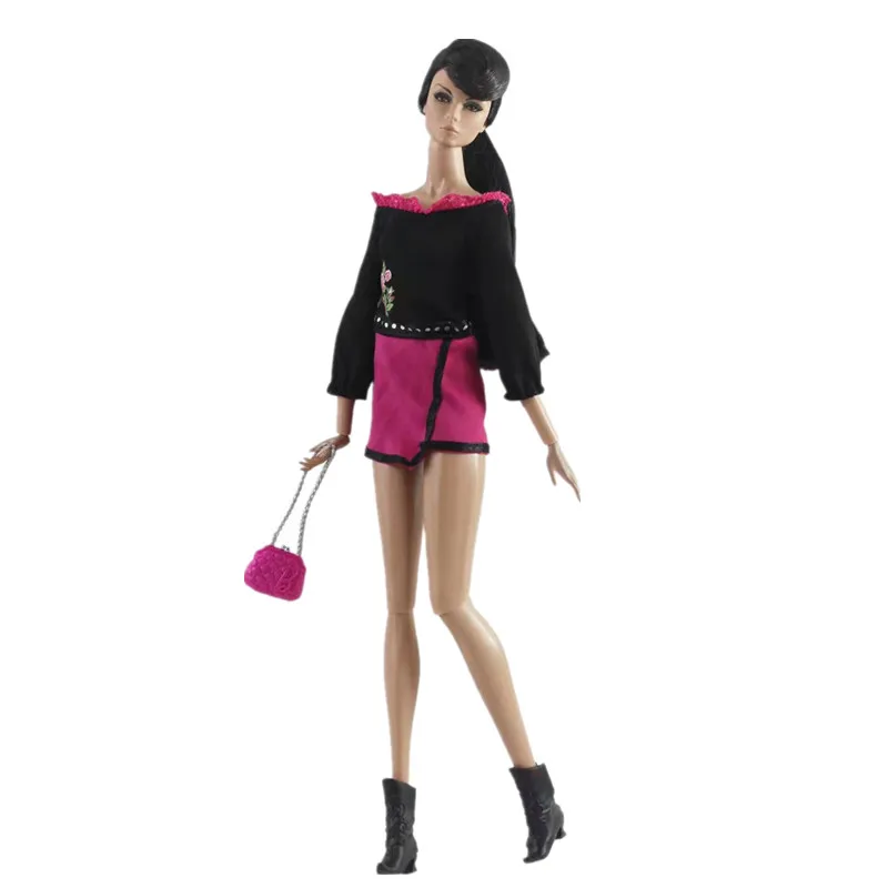 

1/6 BJD Dolls Accessories Classic Black Rosy Long Sleeve Doll Dress for Barbie Clothes Outfits Handbag Kids & Baby Dollhouse Toy