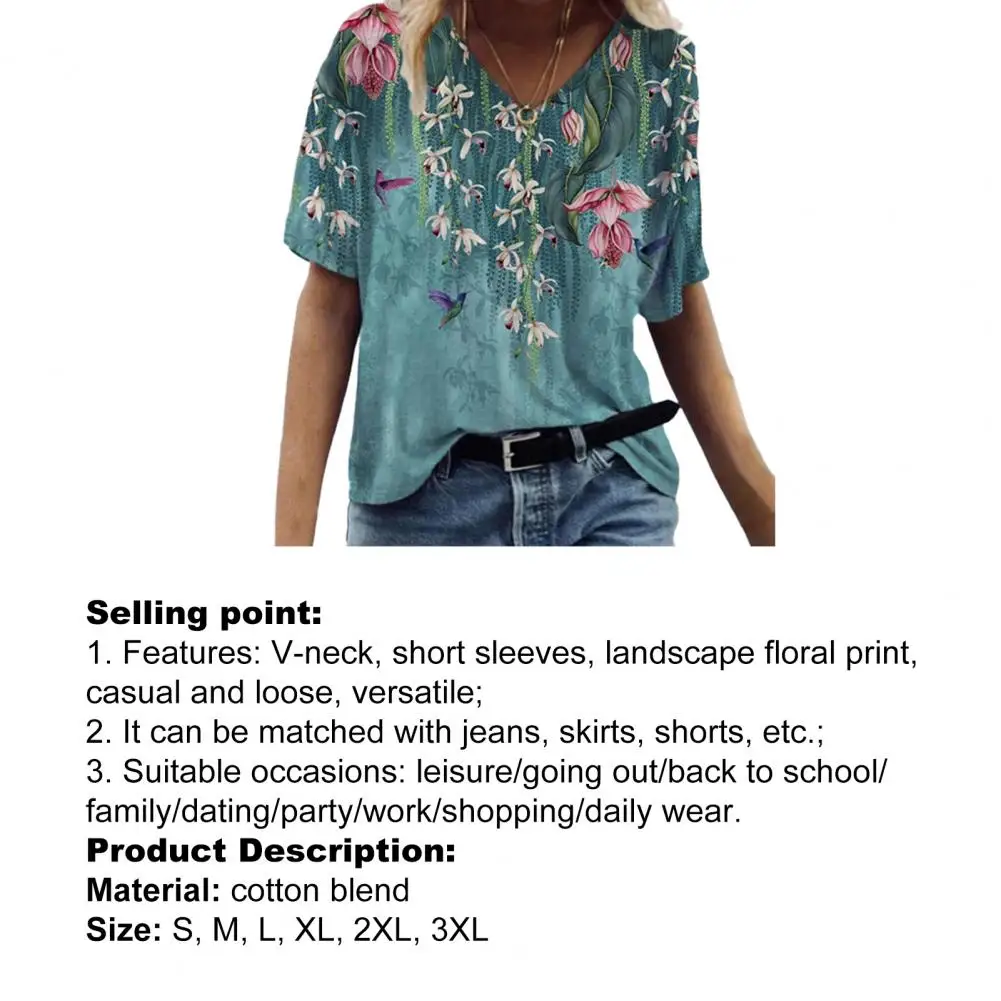 

summer T-shirt Floral Print Short Sleeve Women V Neck Loose Blouse Top Summer v neck short sleeve floral print Woman T-shirts