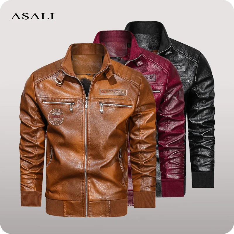 Мужская кожаная куртка бомбер с вышивкой ветрозащитная байкерская из