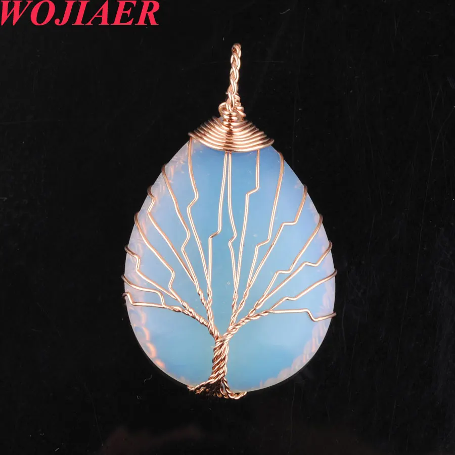 

WOJIAER 6pc Handmade Wrap Wire Tree of Life Pendant Water Drop Shape Natural Stone White Opal PO9014