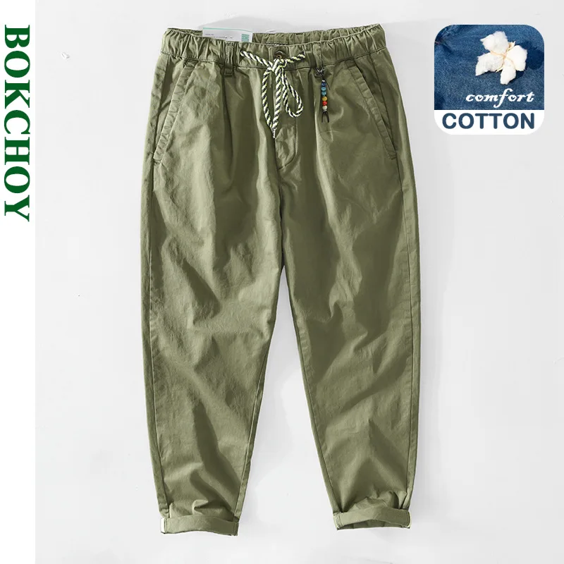 

New Summer Men Pants Thin Cotton Made Green Drawstring Pencil Cargo Trousers Big Pocket Army Green Workwea GA-Z339