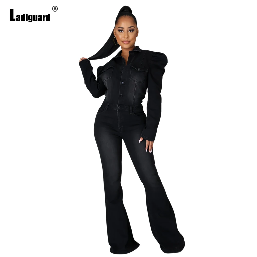 Ladiguard Plus Size Women Fashion Jeans Sexy Demin Jumpsuit Long Sleeve Denim Straight Pants 2021 African Style Ruffled Overalls
