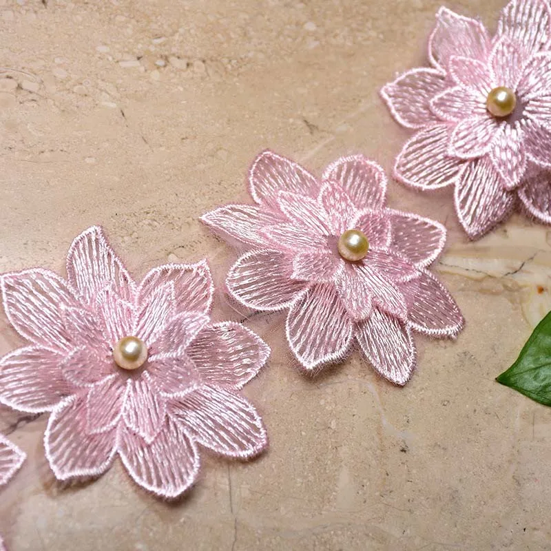 40Yds жемчужная Цветочная кружевная отделка вышитая красная Розовая белая нашивка аппликация двухслойная Лента ткань ручной работы платье Швейное Ремесло