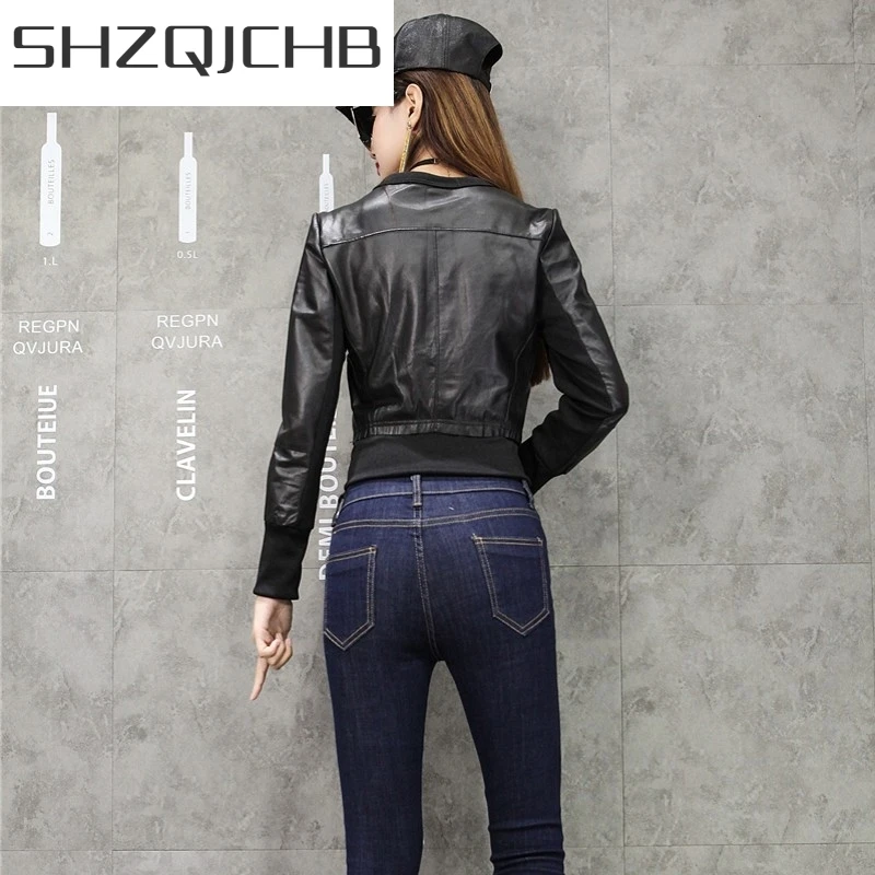 

JCHB 2021 Spring New Female SheepSkin Coat Genuine Leather Jackets Zipper Women O-Neck Black Red Slim Bomber Jacket Short Outwe