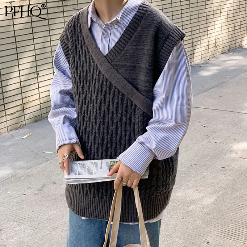 

PFHQ 2021 New Men's Fashion Loose V-neck Sleeveless Korean Style Trend Ins Knitted Sweater Vest Autumn And Winter 21F046