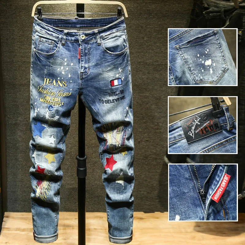 Men's Embroidered Ripped Motorcycle Jeans Light Blue Trendy Straight Slim Denim Trousers Male High Quality Casual Streetwear